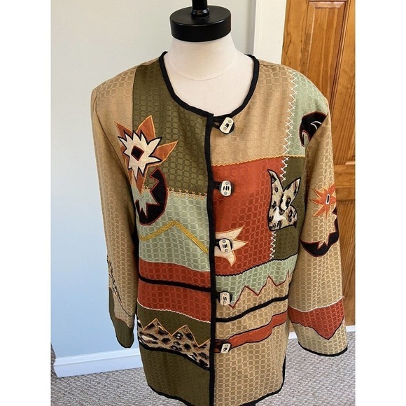 VTG Alex Kim Jacket Womens Large Textured Art To Wear Floral Color Block - Picture 1 of 9